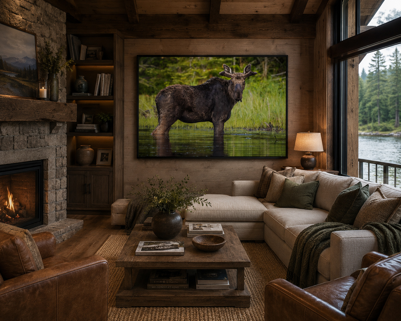 Large moose wildlife artwork displayed in a warm residential cabin living room by Dan Sproul